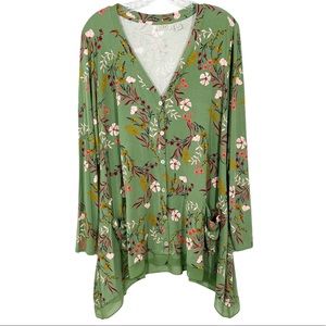 LOGO by Lori Goldstein green printed long sleeve v-neck button front tunic top